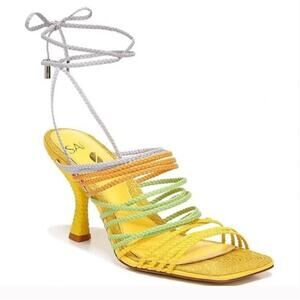 Franco Sarto Sz 10 Regina Ankle Tie Dress Sandal Yellow Multicolor Strappy Vegan